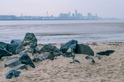 View of rocky beach against the sky