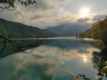 Scenic view of lake and mountains against sky