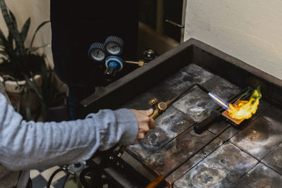 High angle view of man working in factory