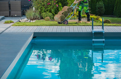 High angle view of swimming in pool