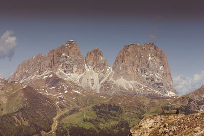 Rock formations on mountain against sky