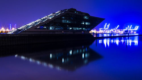 Reflection of illuminated built structure in water