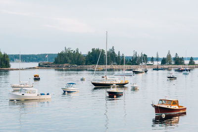 Sailboats moored in river against sky