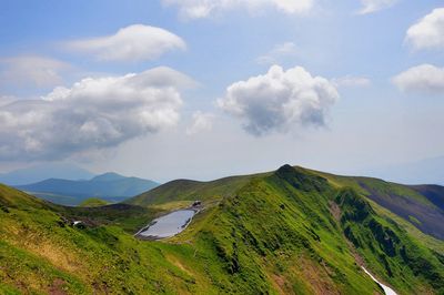 Scenic view of mountains against cloudy sky