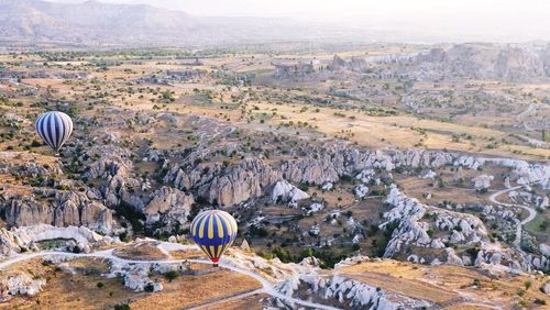 Hot air balloons above landscape