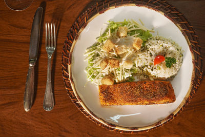 High angle view of food in plate on table