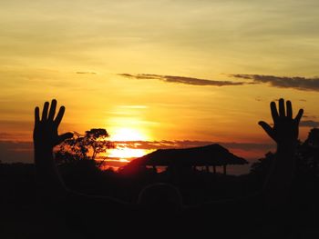 Silhouette hand against sky during sunset