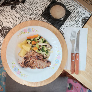 High angle view of food served on table