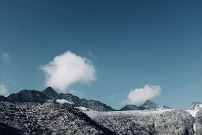 Panoramic view of snowcapped mountains against blue sky