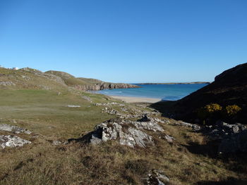 Scenic view of sea against clear blue sky