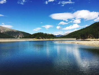 Scenic view of lake against blue sky