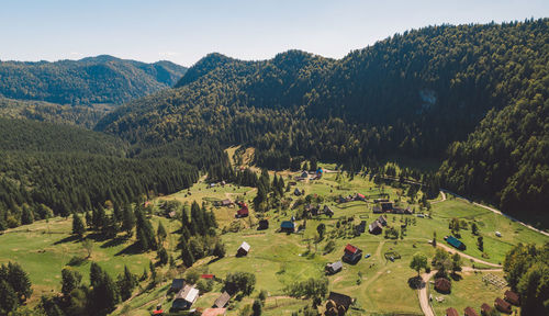 High angle view of trees on landscape against sky