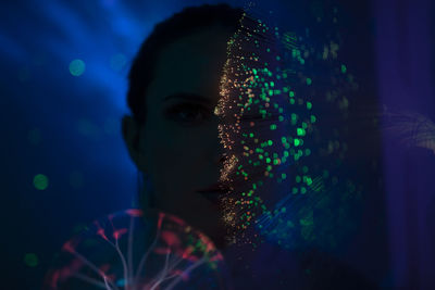 Digital composite image of woman against black background