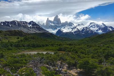 Scenic view of mountains against cloudy sky