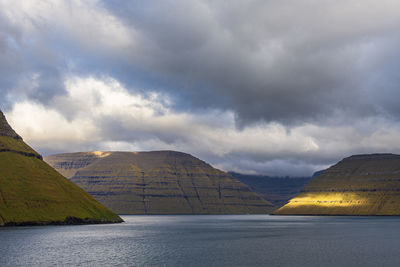 Scenic view of sea and mountains against sky