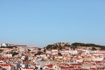 High angle view of townscape against clear blue sky