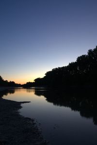 Scenic view of lake against clear sky during sunset