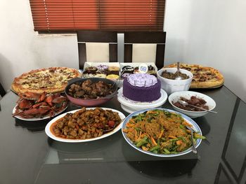 High angle view of food served on table