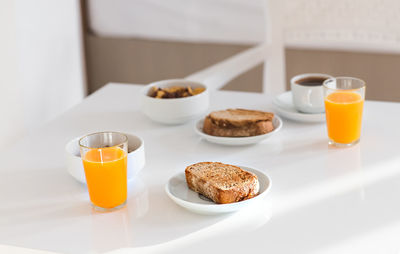 High angle view of breakfast served on table