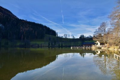 Scenic view of lake and trees against sky