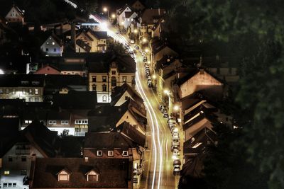 High angle view of city buildings at night