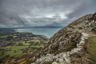 Scenic view of sea by cliff against sky