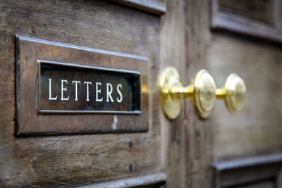 Close-up of mail slot on door