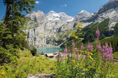 Scenic view of lake and mountains against sky