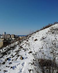 Snow covered buildings against clear sky