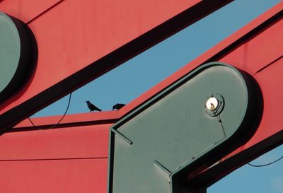 Low angle view of birds perching on bridge against clear sky