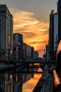 River by buildings against sky during sunset