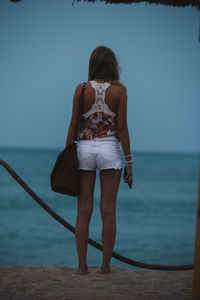 Rear view of young woman standing against sea