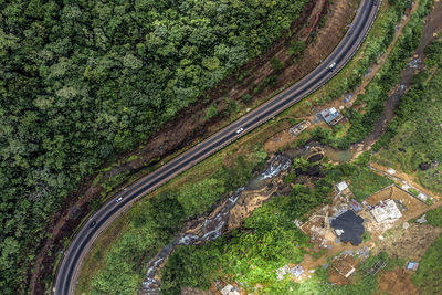 Jui road from the sky with a small waterfall