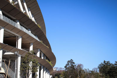 Low angle view of modern building against clear blue sky