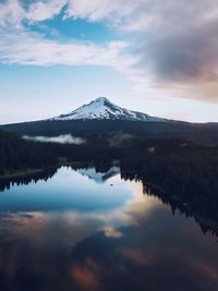 Scenic view of calm lake and snowcapped mountain against sky