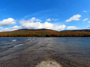 Scenic view of lake and mountains against blue sky