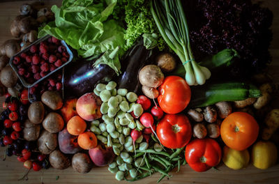 Directly above shot of fruits and vegetables on table