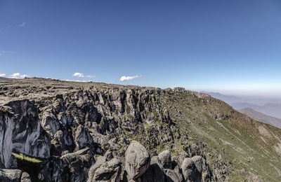 Panoramic view of rocky mountains against clear blue sky