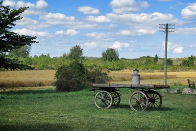 Cart on grassy field against sky
