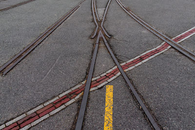 High angle view of railroad tracks on road