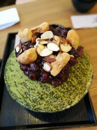 High angle view of dessert in plate on table