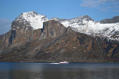 Scenic view of sea and mountains against sky