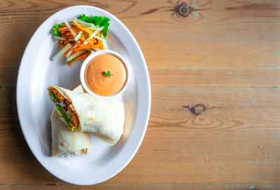 High angle view of breakfast served on table