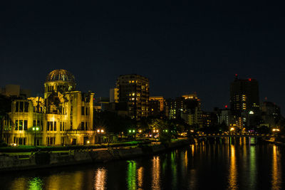 Reflection of illuminated buildings in water at night