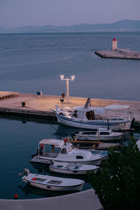 High angle view of boats moored in sea