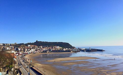 Scenic view of sea against clear blue sky