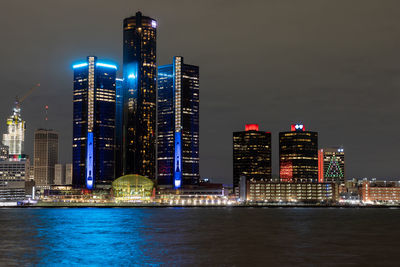 Detroit skyline at dusk viewed from windsor on.