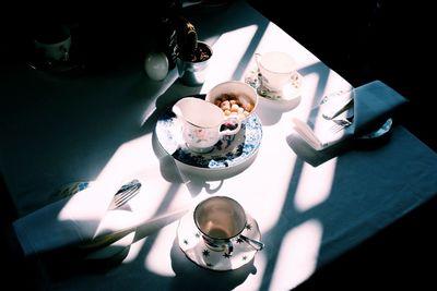 High angle view of wineglasses on table