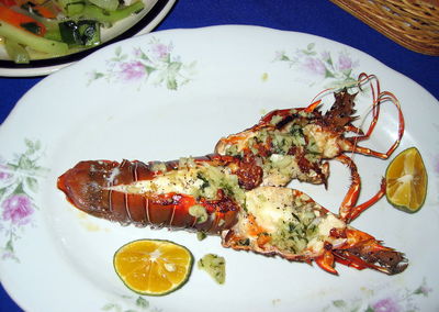 Close-up of food served on table