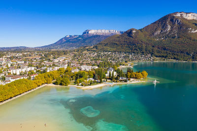 Scenic view of lake by mountains against sky